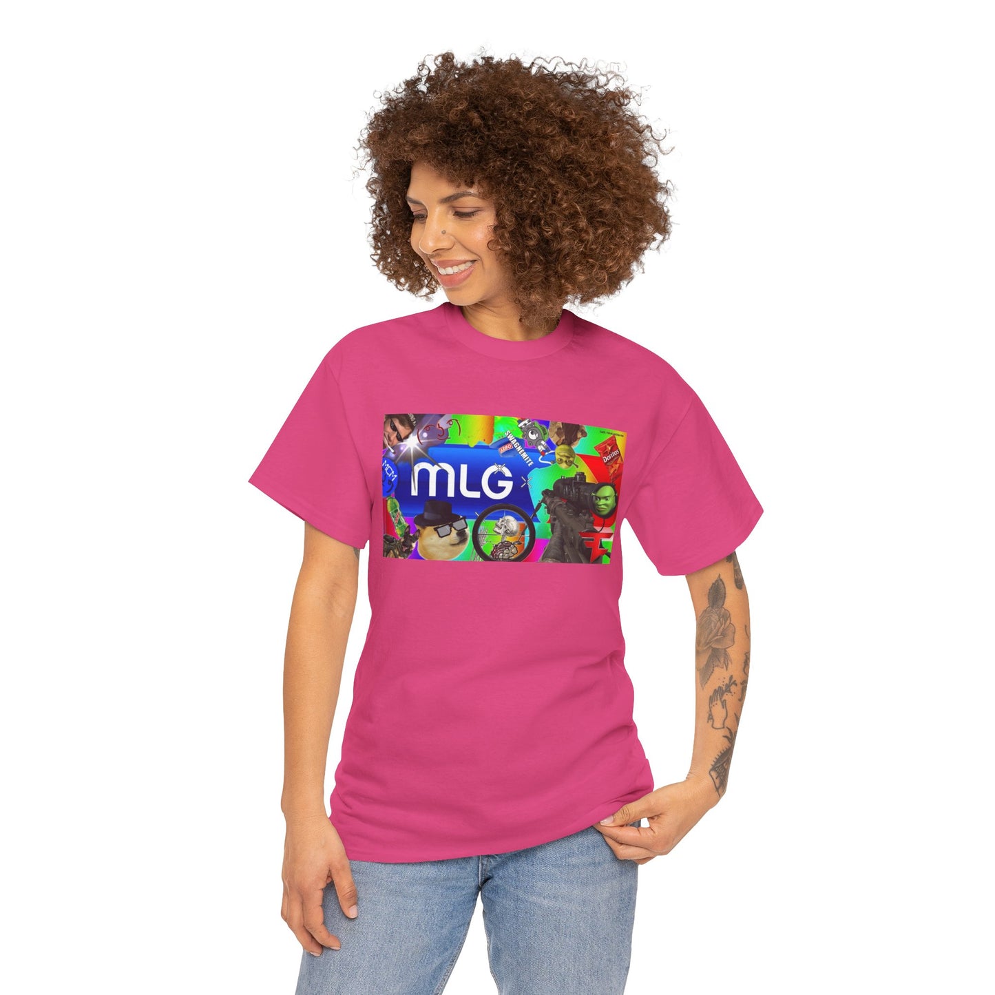 Unisex Heavy Cotton Tee with MLG Meme Overload Front & "Thug Life" Pixel Shades Back